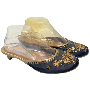 Vtg Y2K Sz 8 Jutti Slipper Mules Low 1" Heel Embroidered Black Satin Boho New